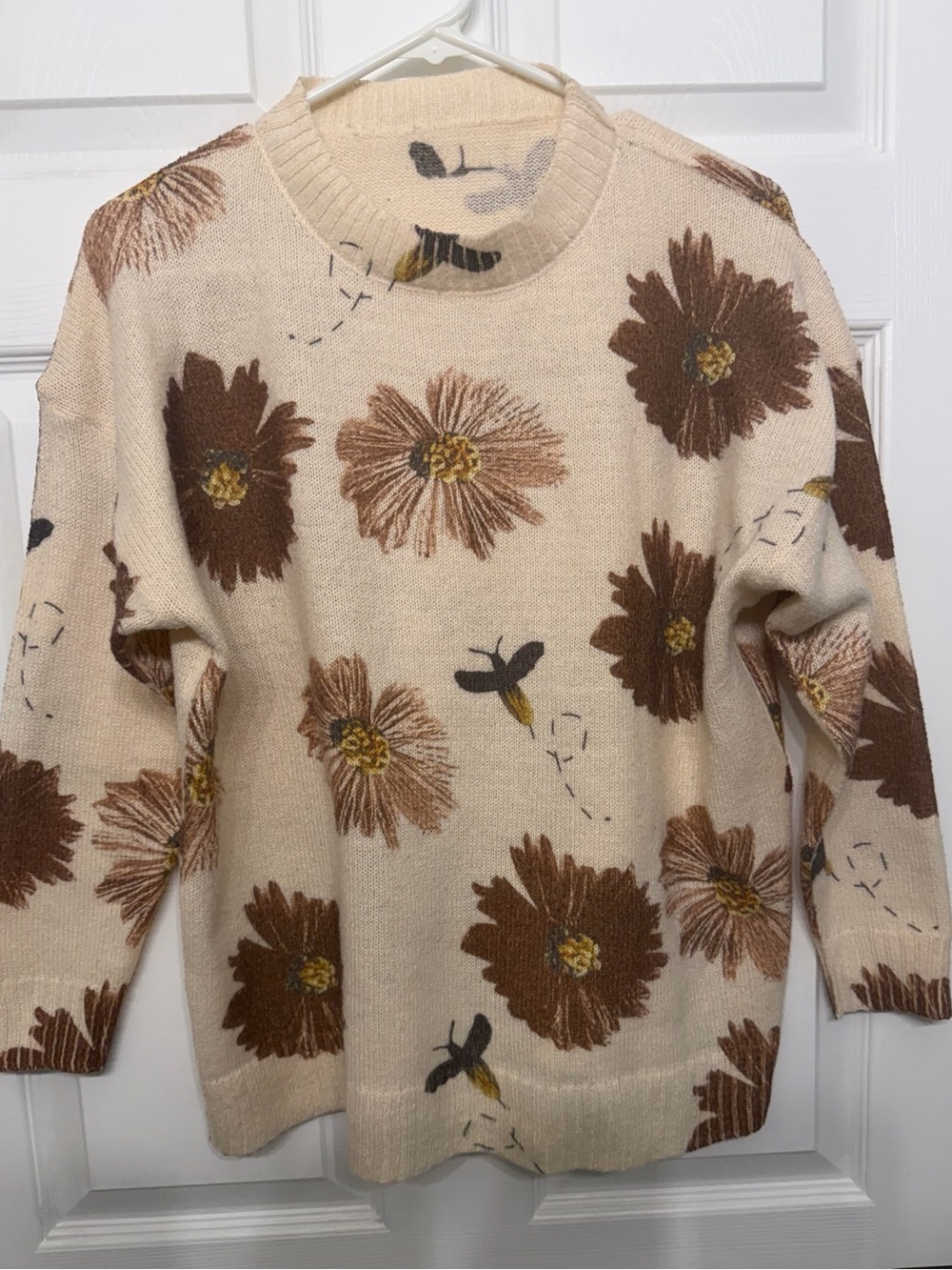 Cream Floral Crewneck Sweater with Brown Flower Motifs